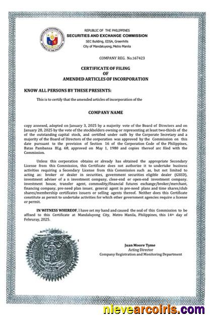Philippines certificate of company incorporation, version 2